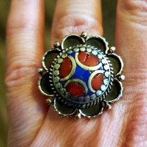 New Lapis Lazuli & Coral Adjustable Silver Ring.